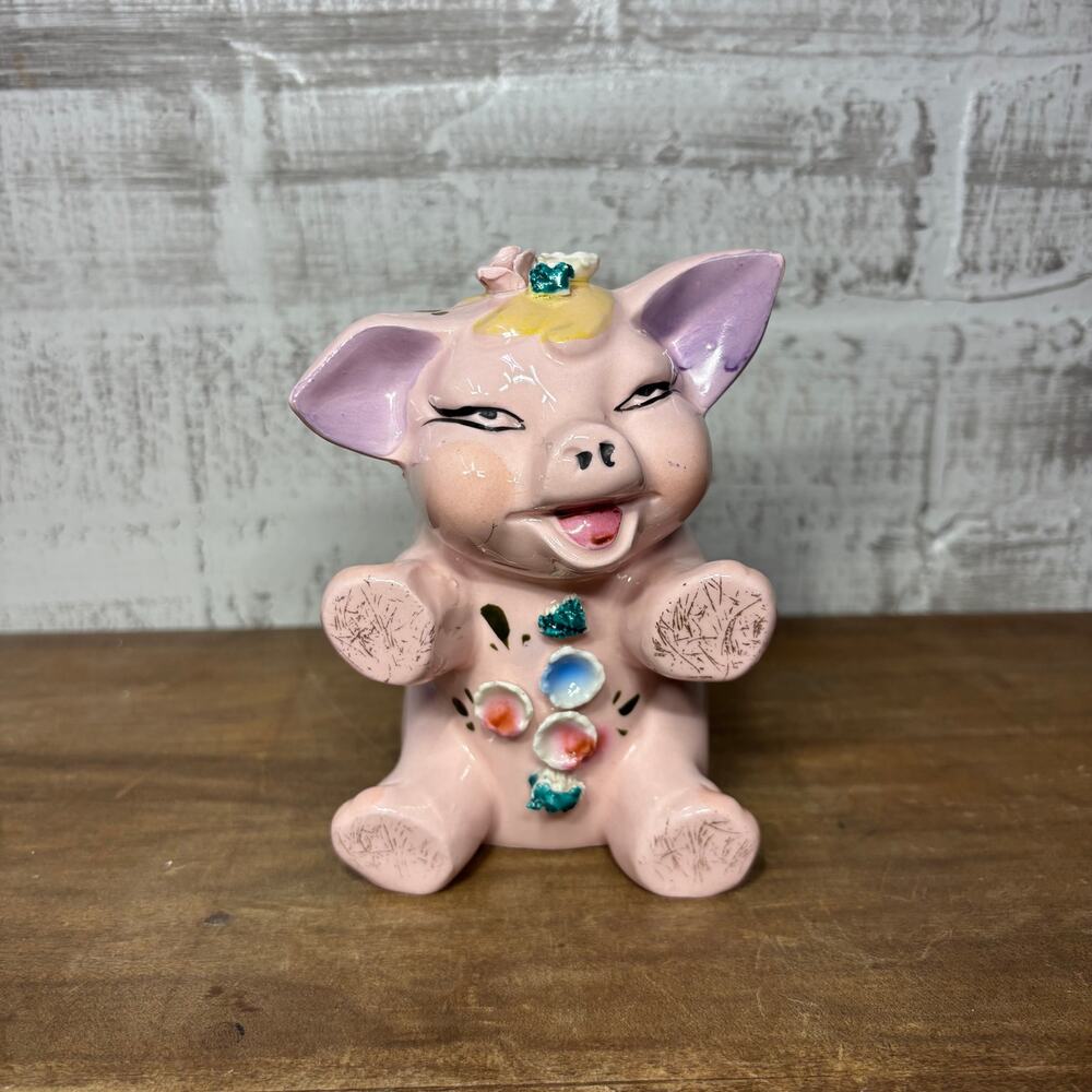 Vintage Porcelain Piggy Bank W/ Small Roses- No Stopper made in Japan
